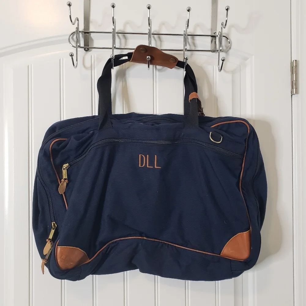 LL Bean Vintage Navy Blue Canvas and Leather‎ Messenger Bag Suitcase No Strap